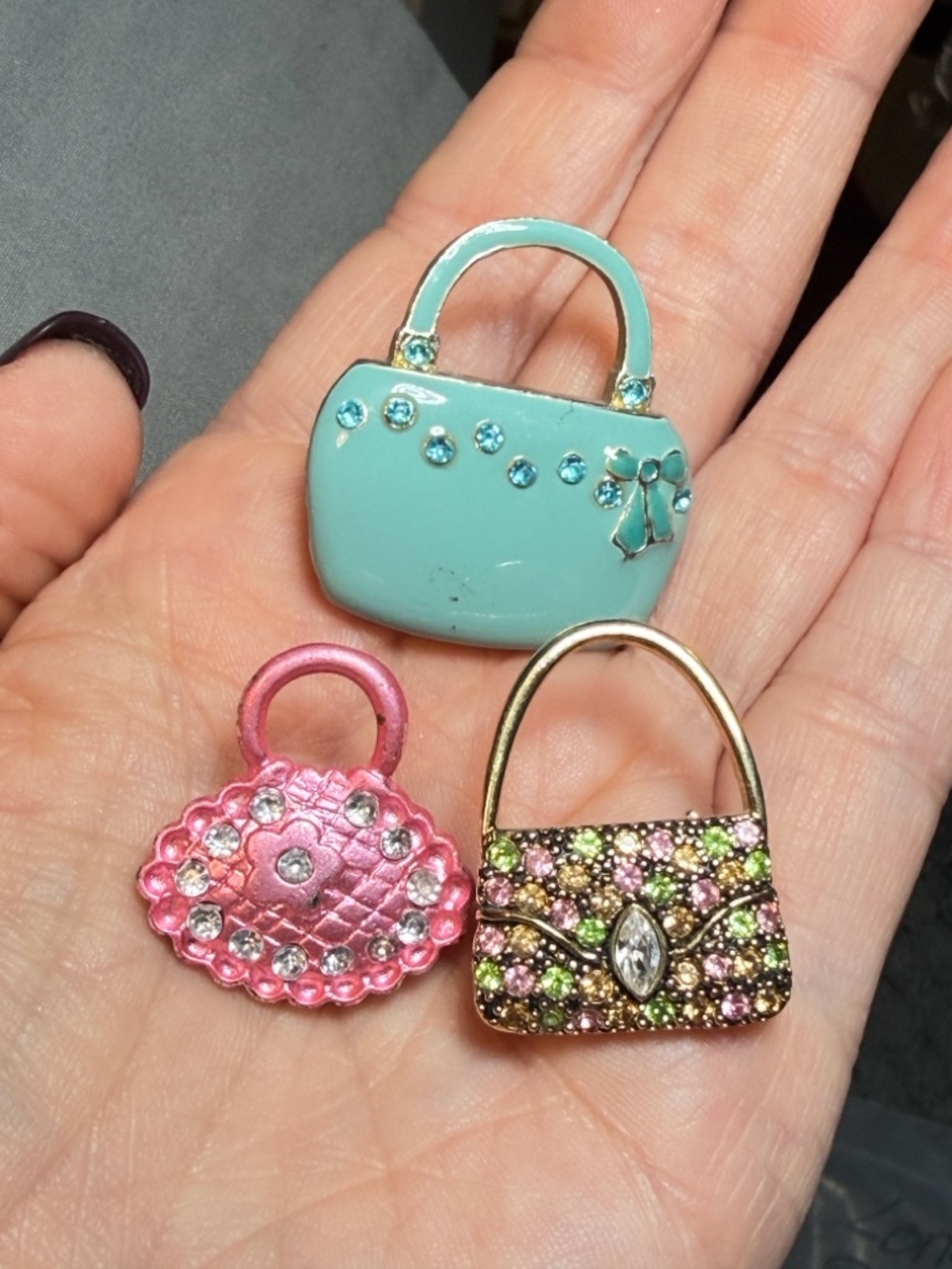 Purse Brooch Set 3 Handbag Brooches Rhinestone Enamel Pink Blue Gold